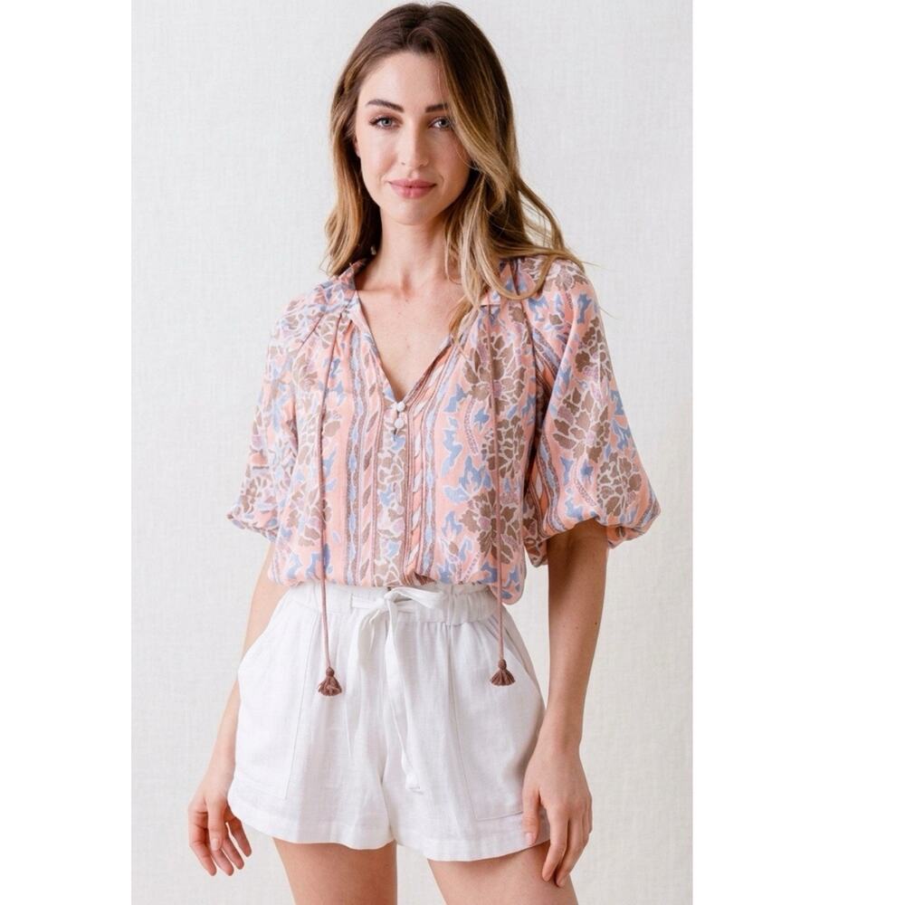 Anthropologie Omika Cala Blouse Peach Floral Sz Medium Peasant Boho chic Top
